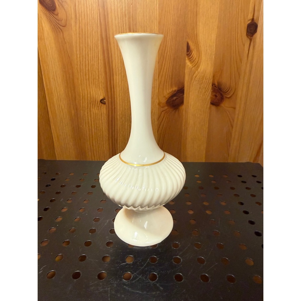 Lenox Ivory Porcelain Bud Vase 7" 24K Gold Trim Ribbed Vintage Made in USA